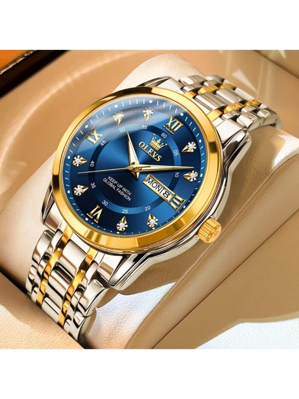 Men's Gold Blue Quartz Stainless Steel Waterproof Luminous Luxury Wooden Watch